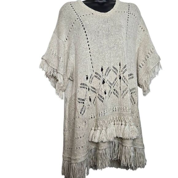 Alice + Olivia Sweater Size Small Fringe Boho Linen Blend Cream Oversized - Picture 3 of 7